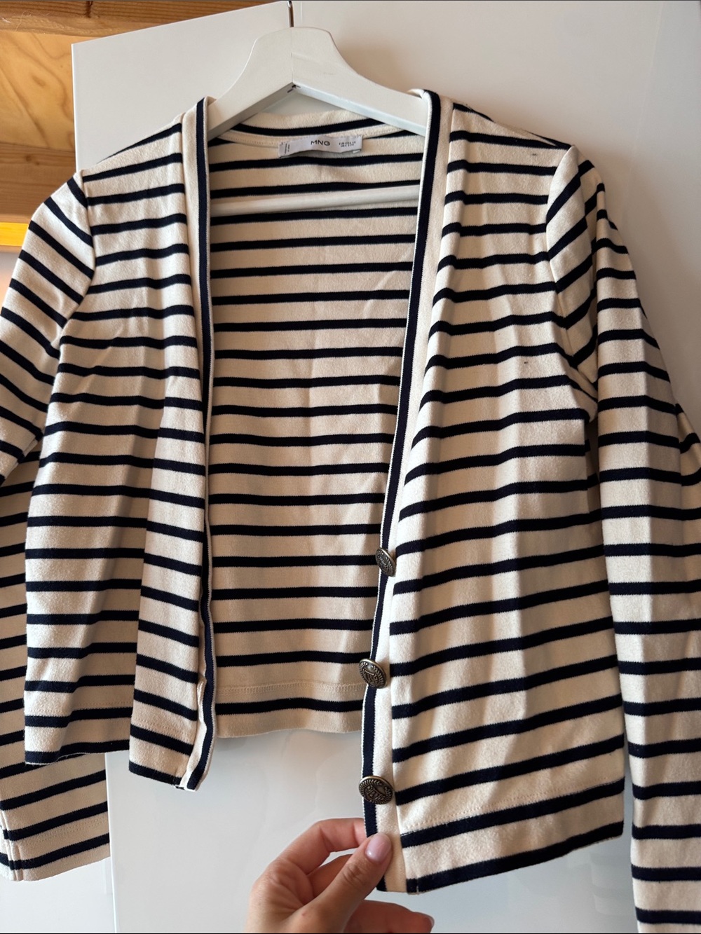Mango Cream and Navy Striped Button-Front Cardigan Blazer